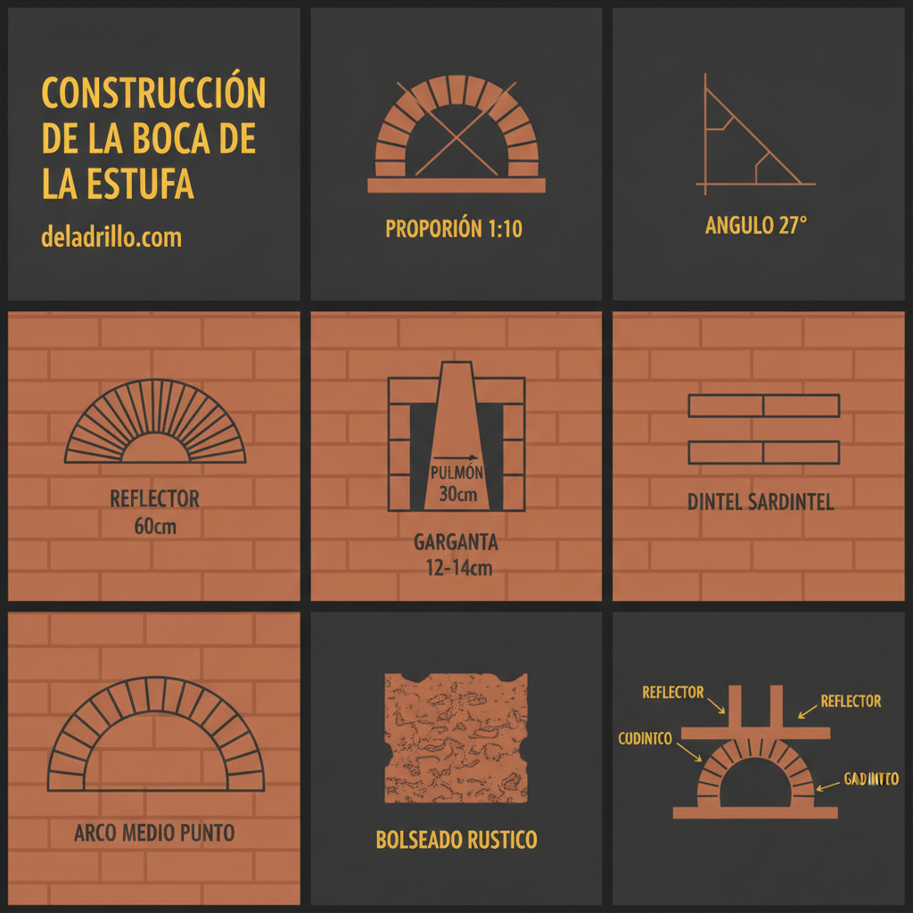 Diagrama de medidas y angulos de la boca de estufa rusa: proporcion 1:10, 27 grados y 60 grados
