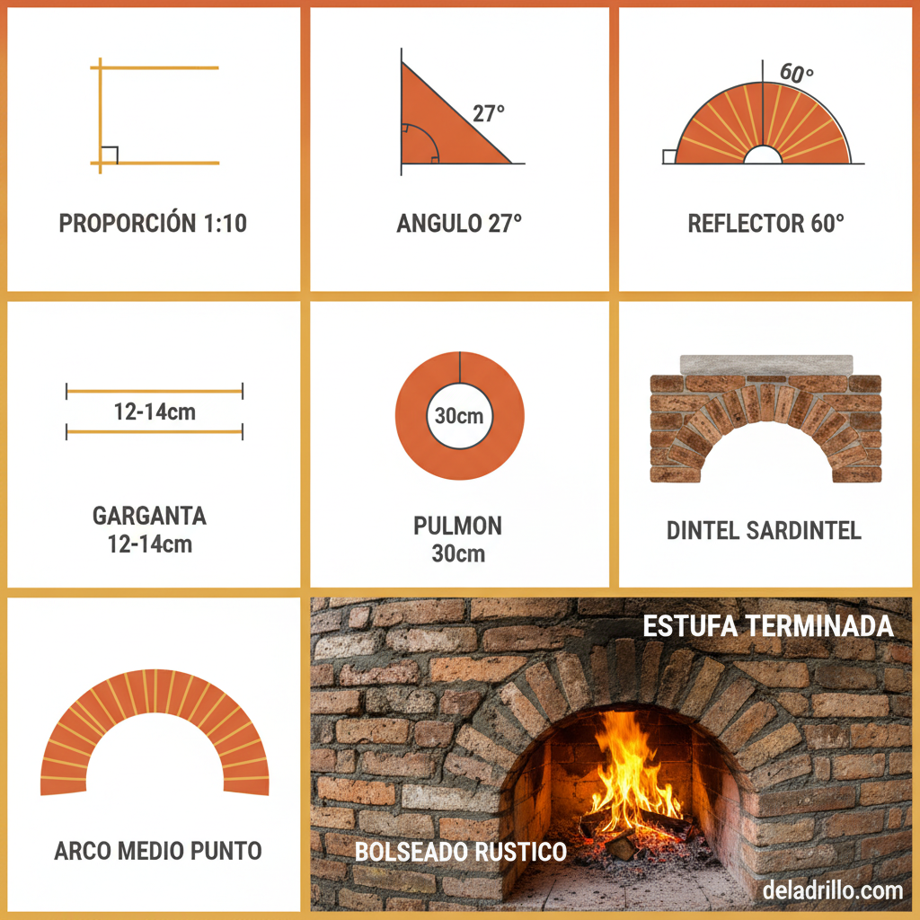 Boca de estufa de ladrillos terminada con fuego, diagrama y foto realista