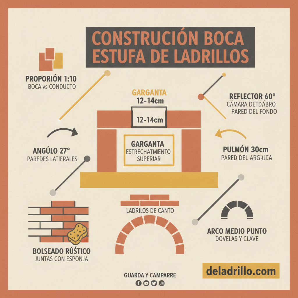 Grid tecnico de la construccion de la boca de estufa: proporcion 1:10, angulo 27 grados, garganta y dintel