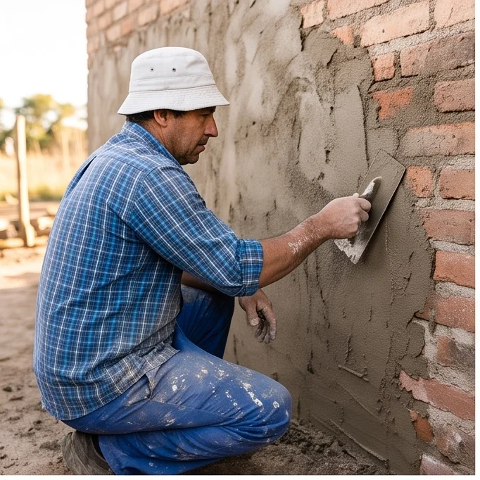 Albañil uruguayo revocando una pared con llana