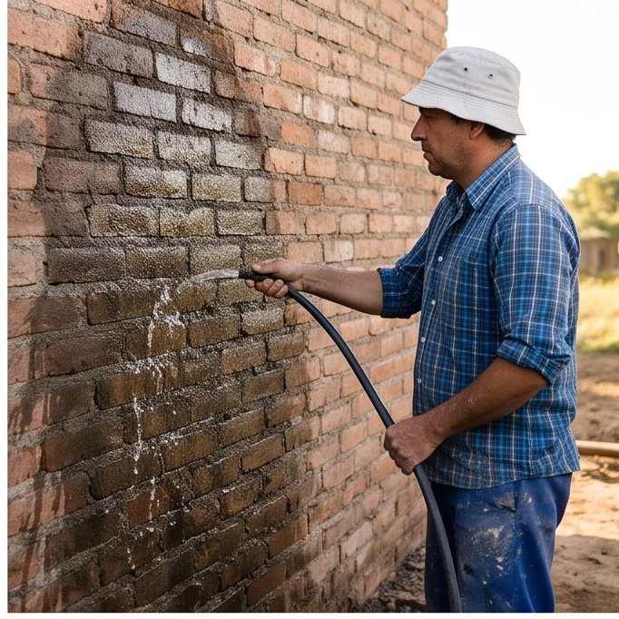 Albañil humedeciendo pared con manguera antes de revocar