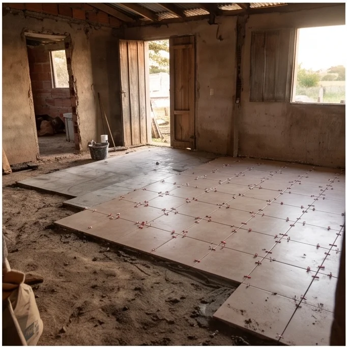 Piso parcialmente cerámico mostrando progreso