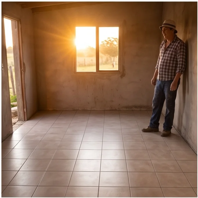 Piso de cerámica terminado con acabado limpio, luz de ventana