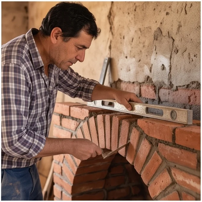 Albañil al lado de chimenea de estilo ingles de boca ancha