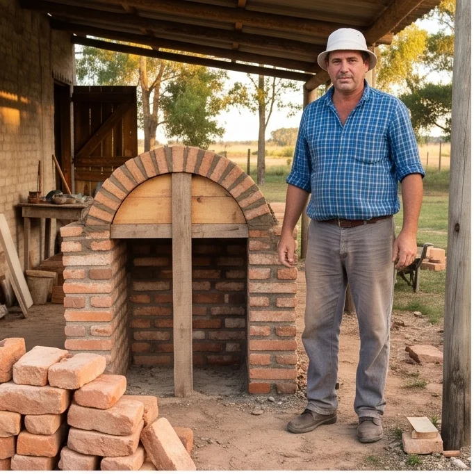 Albanil uruguayo parado junto a chimenea de obra rapida de ladrillos de campo con arcos