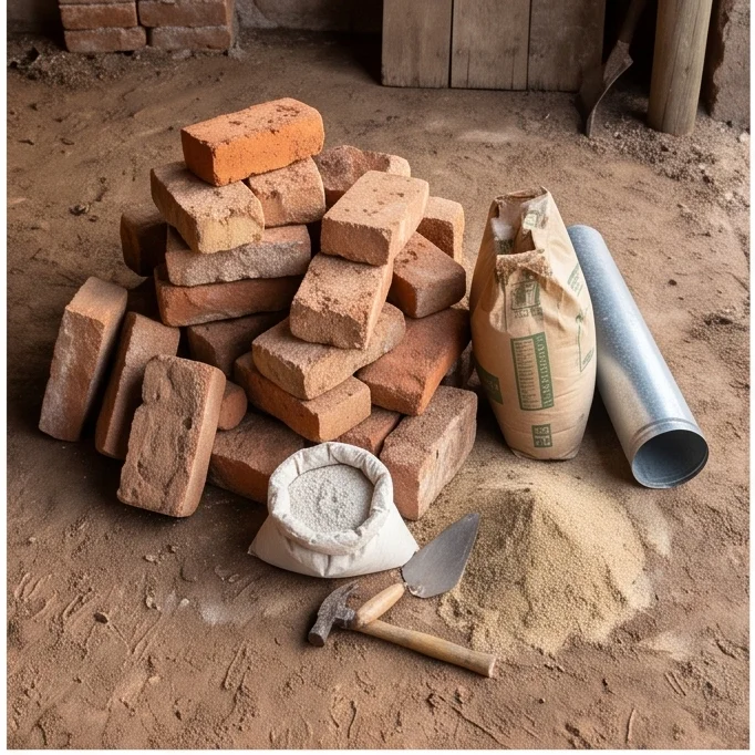 Materiales para chimenea de obra rapida: ladrillos de campo, cemento, cal, arena, tubo galvanizado