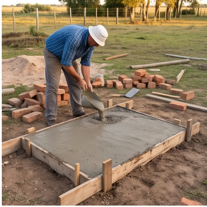 Base de hormigon sobre tierra con ladrillos alrededor, cimbrado de madera para arco