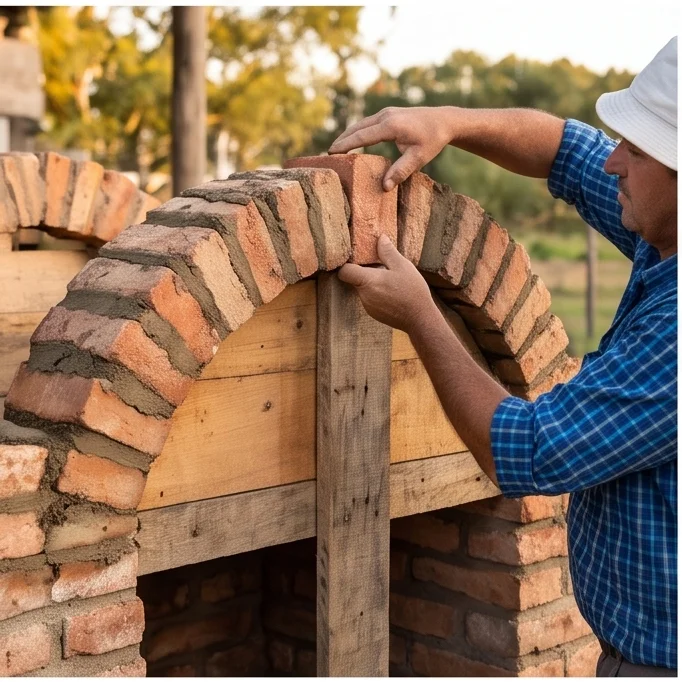 Arco de medio punto con ladrillos de campo sobre cimbrado de madera, clave del arco