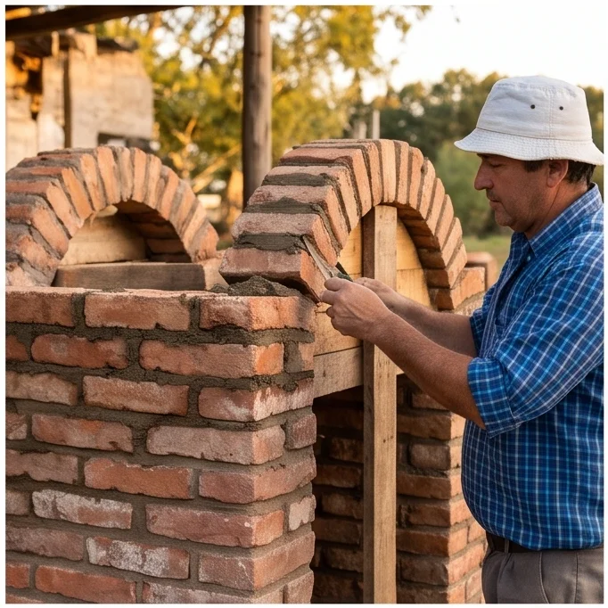 Paredes laterales construidas con ladrillos de campo, segundo arco del hogar visible
