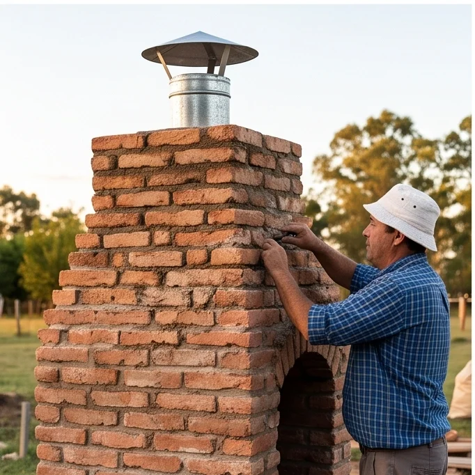 Chimenea terminada con rebozado, sombrerete en el tubo, aspecto final
