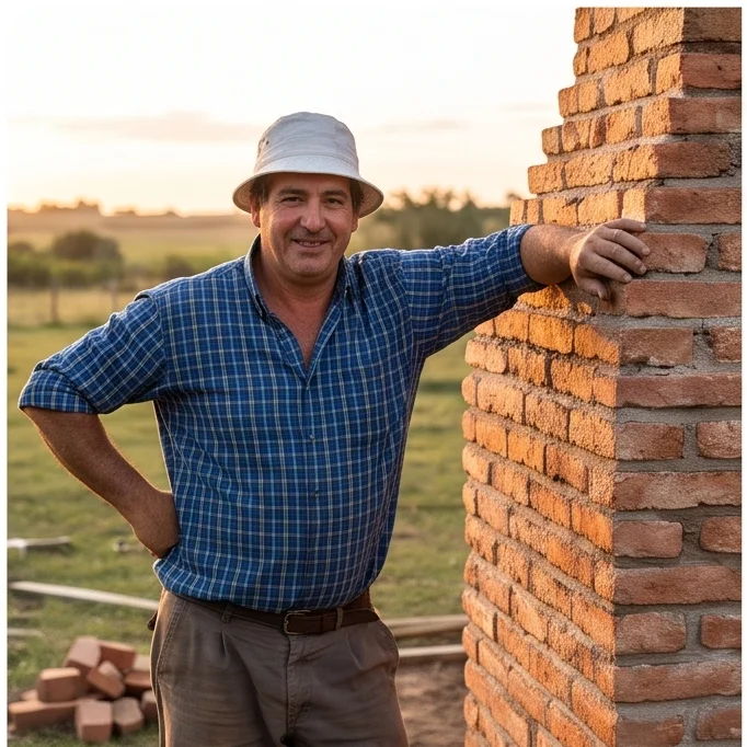 Albanil uruguayo con brazo apoyado en chimenea terminada, ladrillo visto, atardecer