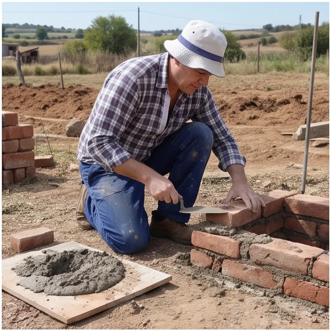 Albañil uruguayo junto a chimenea economica de ladrillos de campo