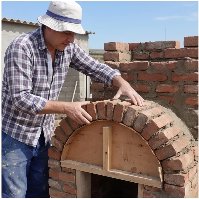 Albañil levantando paredes laterales de ladrillo para chimenea