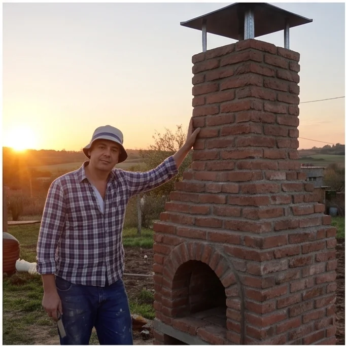 Albañil asando carne en chimenea economica terminada, atardecer