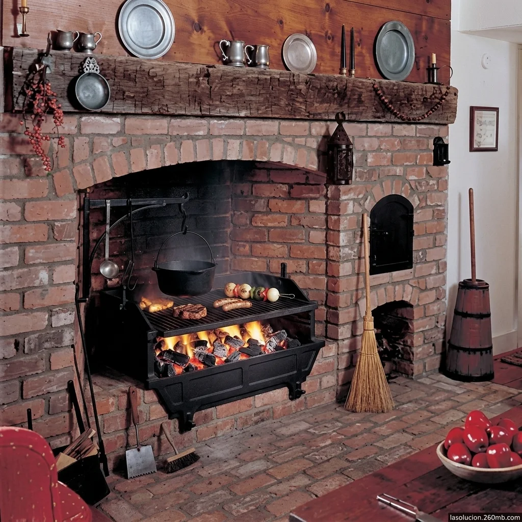 Chimenea inglesa con parrilla integrada y horno, ladrillo rojo, estilo rustico