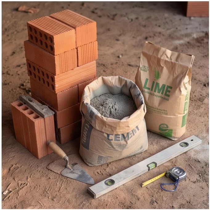 Materiales para columna de ladrillo: ladrillos, hierro, herramientas