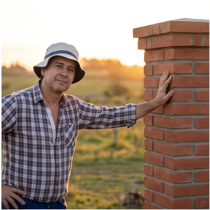 Albañil con mano apoyada en columna terminada, atardecer rural