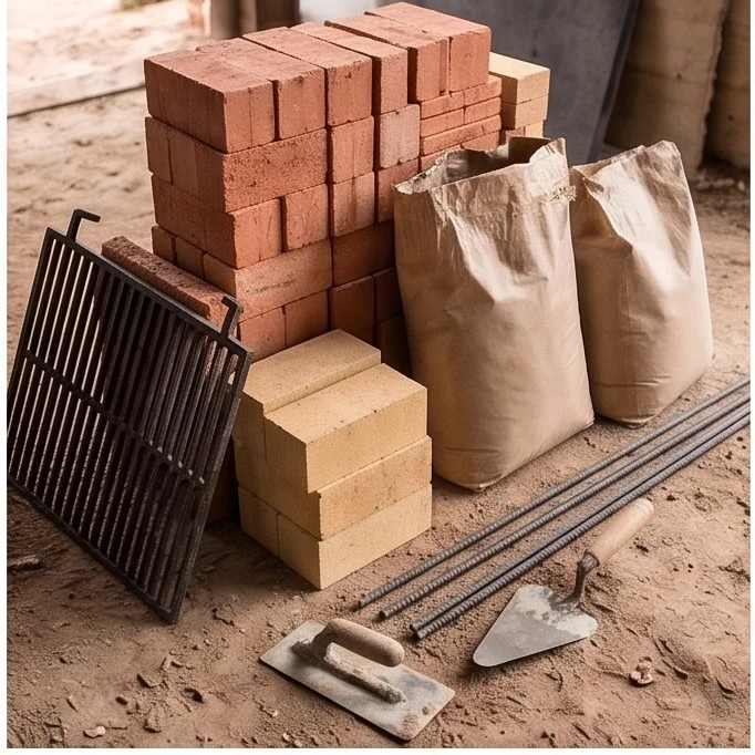 Materiales para chimenea con parrilla: ladrillos, parrilla metalica, hierro