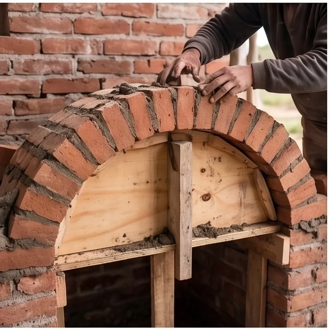 Arco de medio punto con ladrillos sobre cimbrado de madera