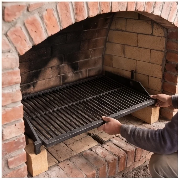 Parrilla metalica apoyada sobre soportes de ladrillo refractario