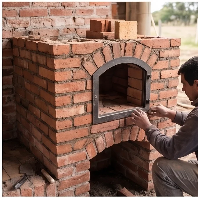 Horno al costado con puerta metalica y conducto de salida