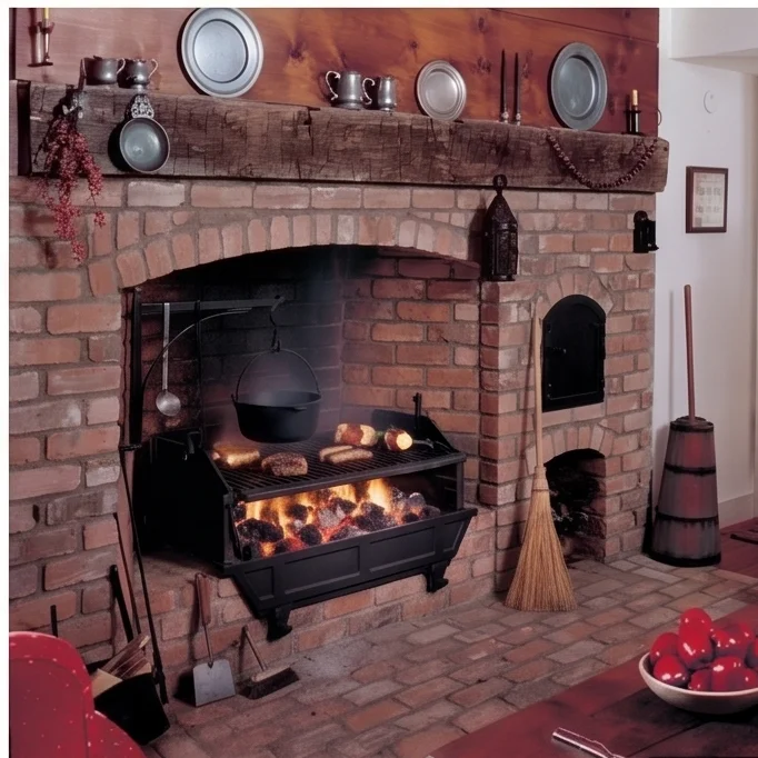 Chimenea con parrilla funcionando con fuego y carne asandose