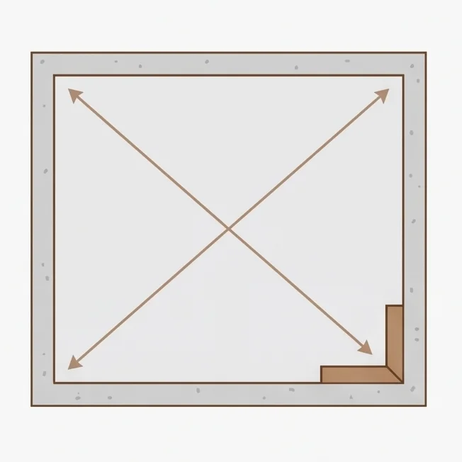 Esquema de fundacion rectangular con diagonales marcadas para verificar escuadra
