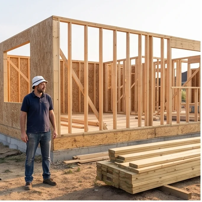 Casa de madera tipo plataforma en construccion con estructura de madera y herramientas sobre el piso de obra