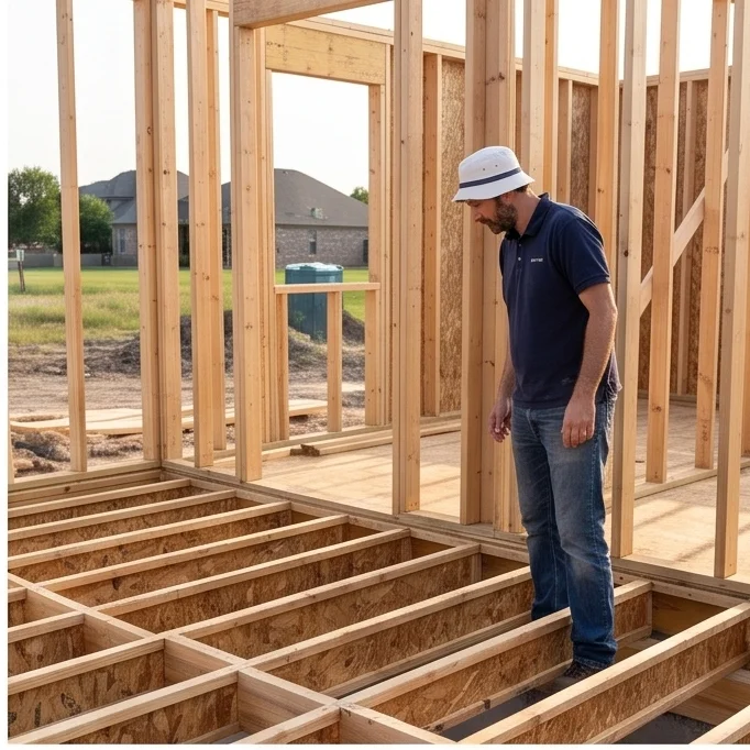 Casa de madera en construccion con estructura de piso y muros de montantes visibles
