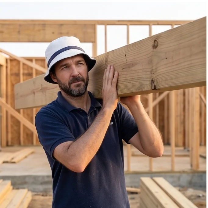 Vigas maestras de madera apoyadas sobre postes de madera tratada y pilares de hormigon