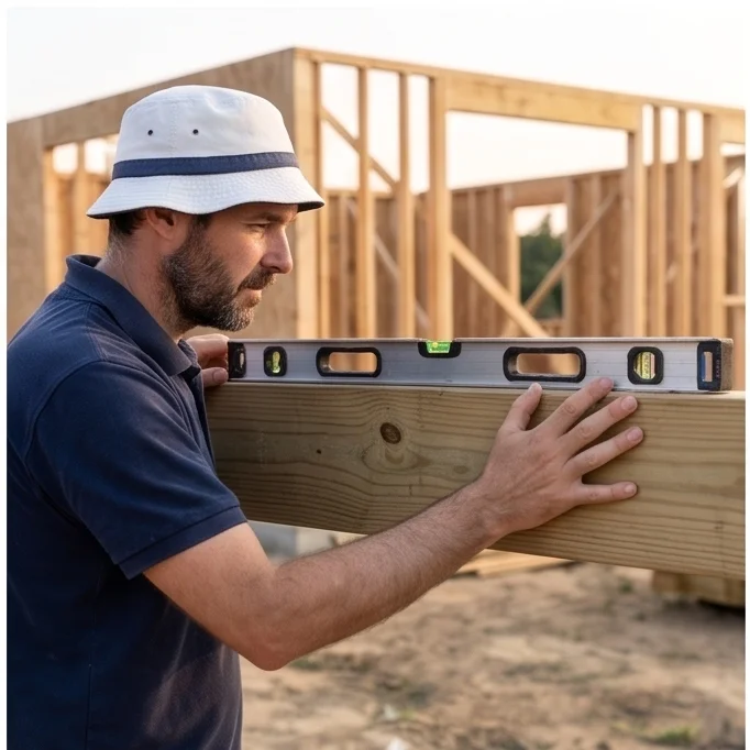 Planchas de OSB y triplay apiladas en obra de carpinteria con lengueta y ranura visibles
