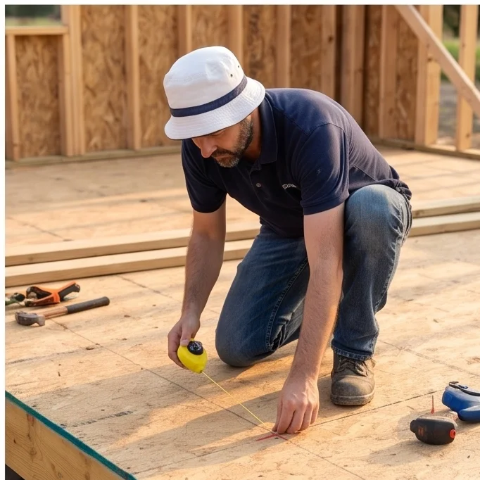 Larguero de escalera de madera con escalones marcados y cortados, escuadra y sierra cerca