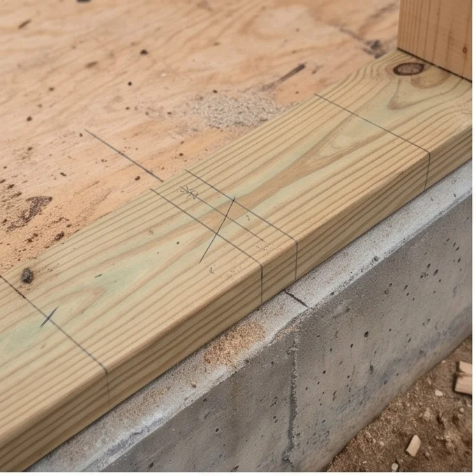 Solera de muro de madera con marcas de lapiz para dinteles de puerta y ventana