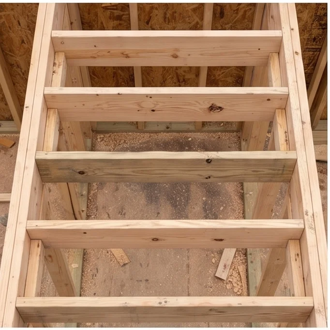 Vigas de cielo 2x6 clavadas entre paredes con bloques de presion visibles