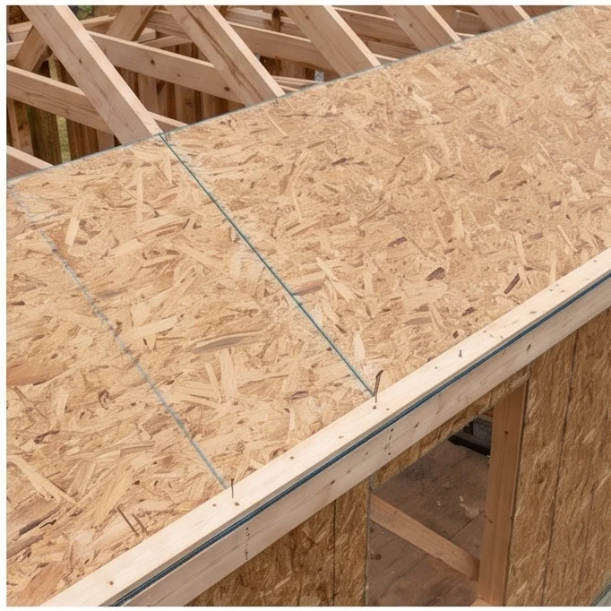 Planchas de OSB clavadas sobre cabrios de techo con linea de control de tiza