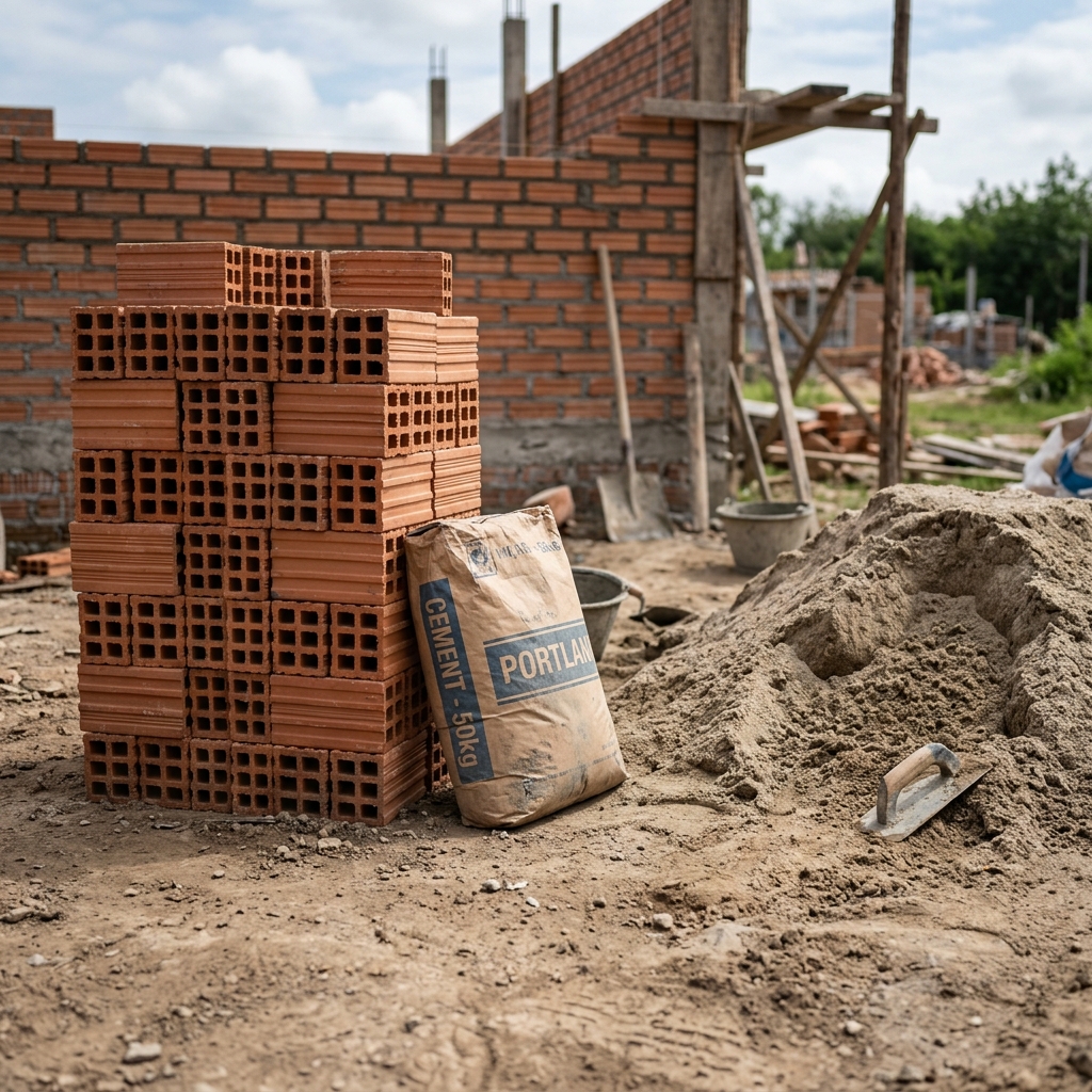 Materiales de construccion: ladrillos, arena y cemento