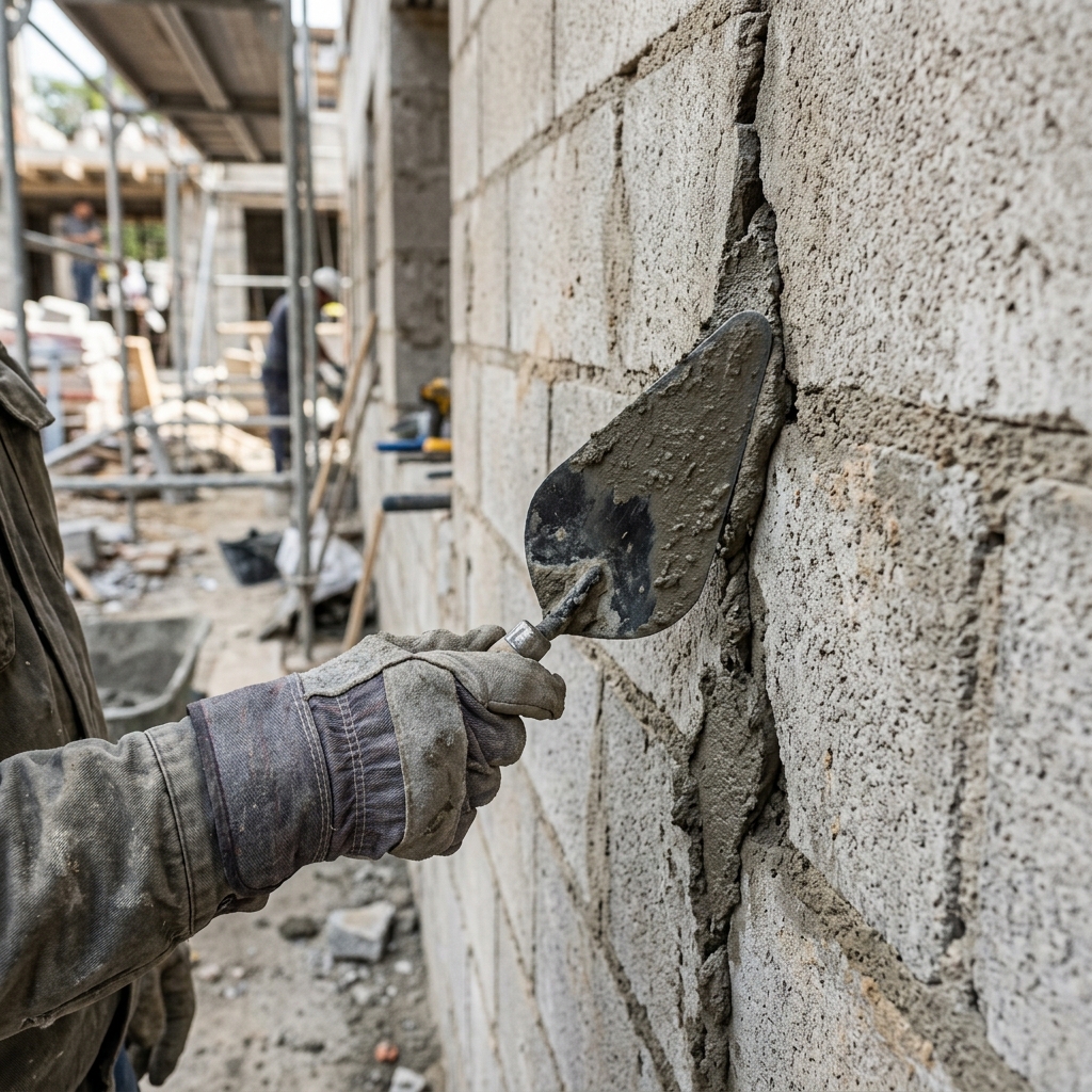 Reparando grieta en pared de bloques con mortero