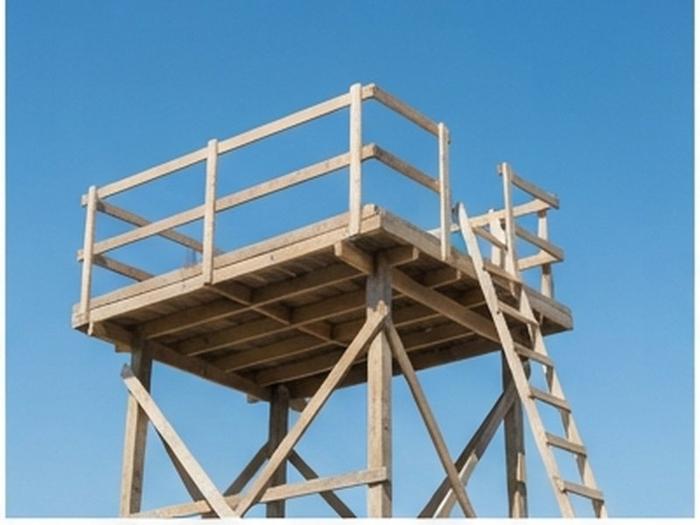 Andamio de madera correctamente armado con barandillas y escalera de acceso