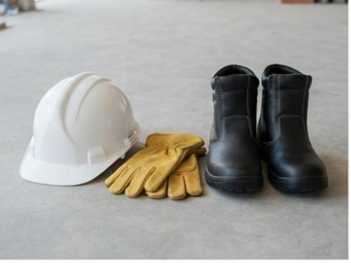 Casco de seguridad, guantes de cuero y botas de seguridad sobre piso de hormigon