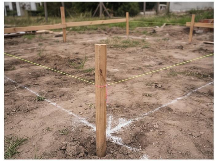 Estacas de madera con cuerdas tensas marcando ejes en terreno