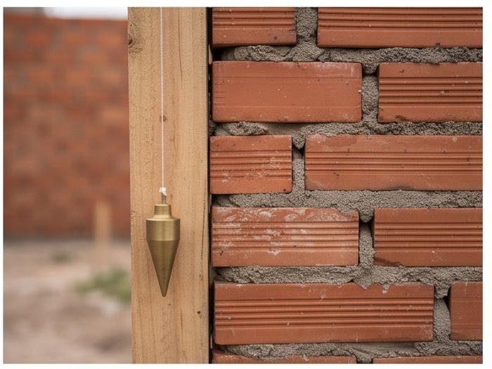 Plomada colgando junto a pared de ladrillo verificando verticalidad