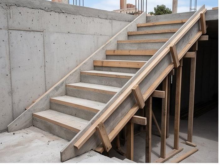 Encofrado de escalera de hormigon con rampa y tablones
