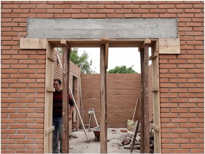 Dintel de hormigon armado sobre vano de puerta con encofrado