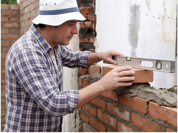 Edgard colocando ladrillo sobre pared verificando nivel