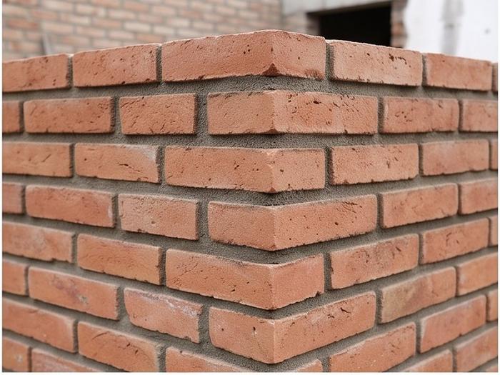 Detalle de esquina de ladrillos con traba correcta y juntas escalonadas