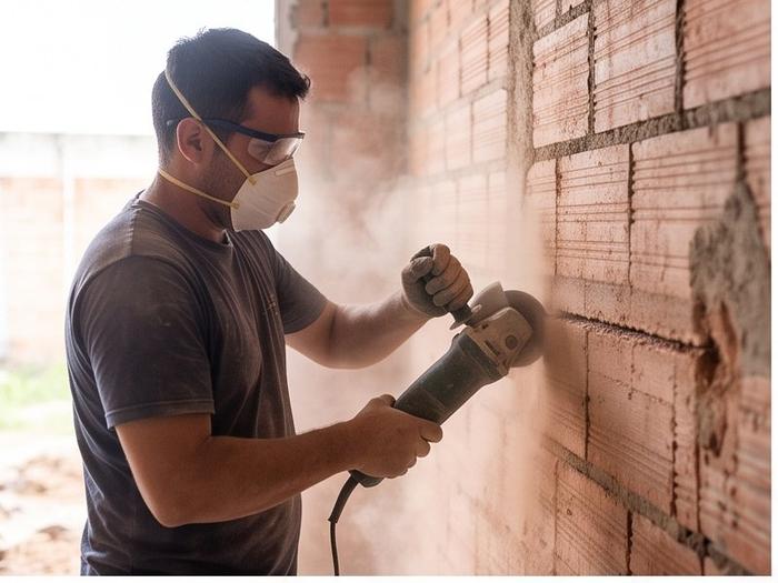 Edgard haciendo canaleta en pared de ladrillo con amoladora