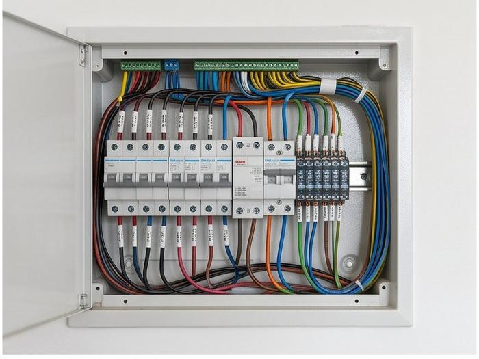 Tablero de distribucion electrico con interruptores y cables etiquetados