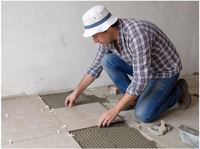 Edgard colocando ceramica de piso con adhesivo y espaciadores