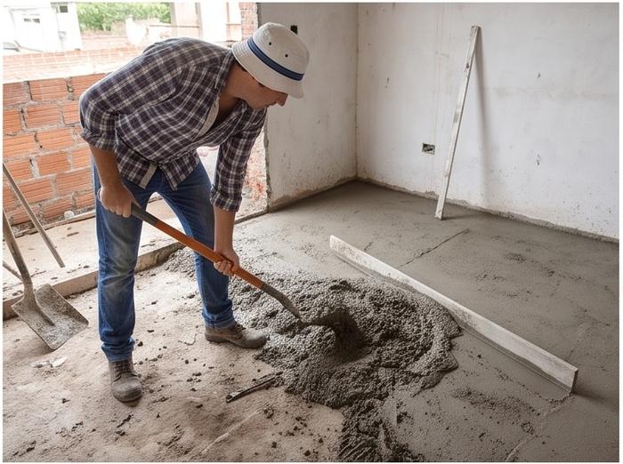 Edgard hormigonando contrapiso interior con pala y regla
