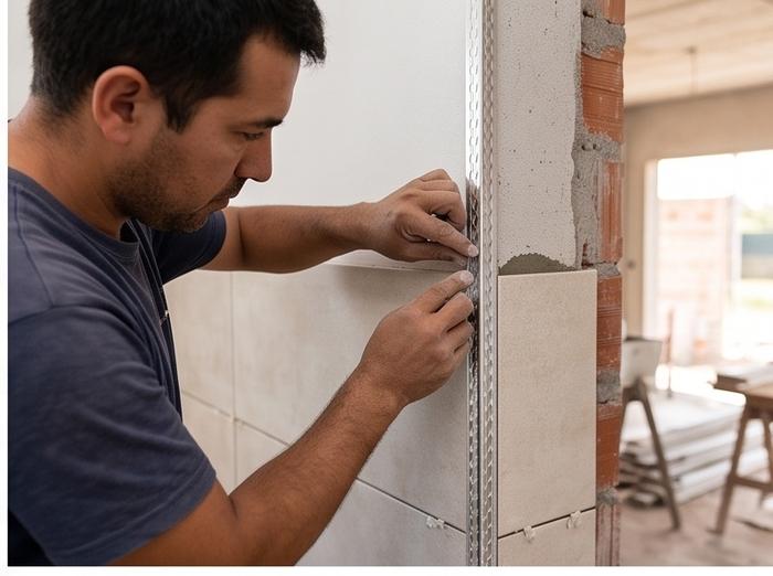Edgard aplicando perfil de esquina en azulejo